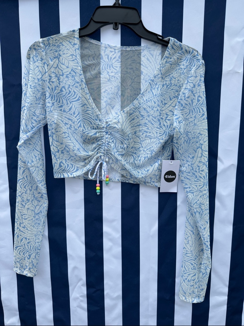 Eidon Sheer Blue Leaf Print Ruched Long Sleeve Crop Top Coverup